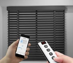 AKILLI MOTORLU AHŞAP JALUZİ, ANTRASİT RENK, 50mm, % 100 orjinal ahşap jaluzi , Uzaktan kontrol, Zaman ayarlı