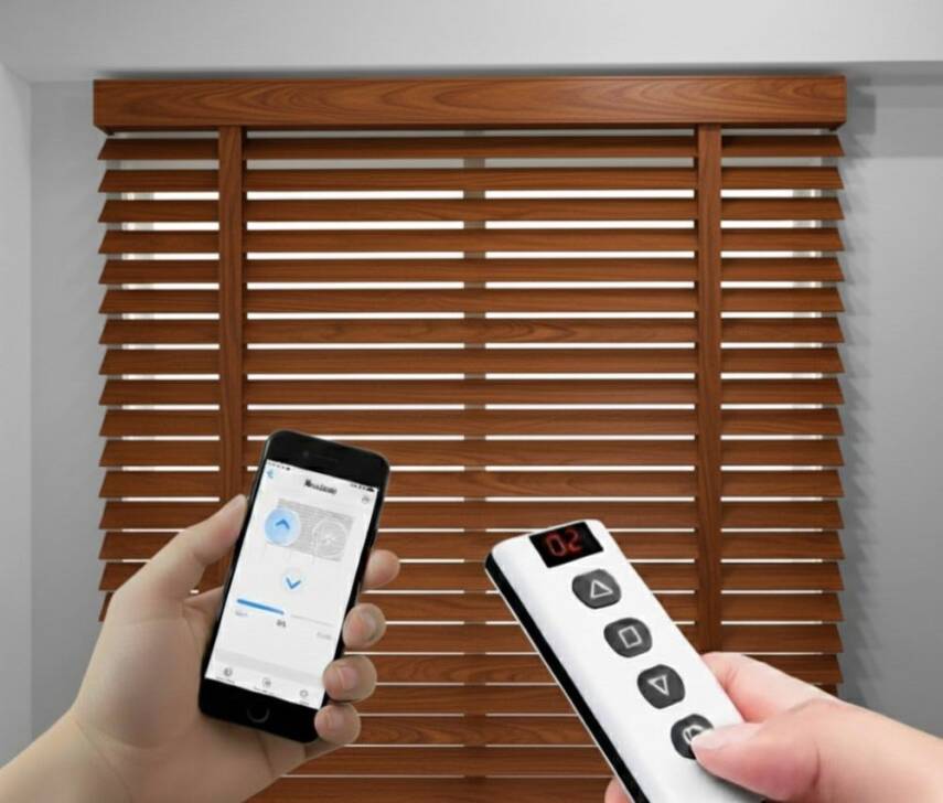 AKILLI MOTORLU AHŞAP JALUZİ, CEVİZ RENK,  50mm,  % 100 orjinal ahşap jaluzi , Uzaktan kontrol, Zaman ayarlı   - 1