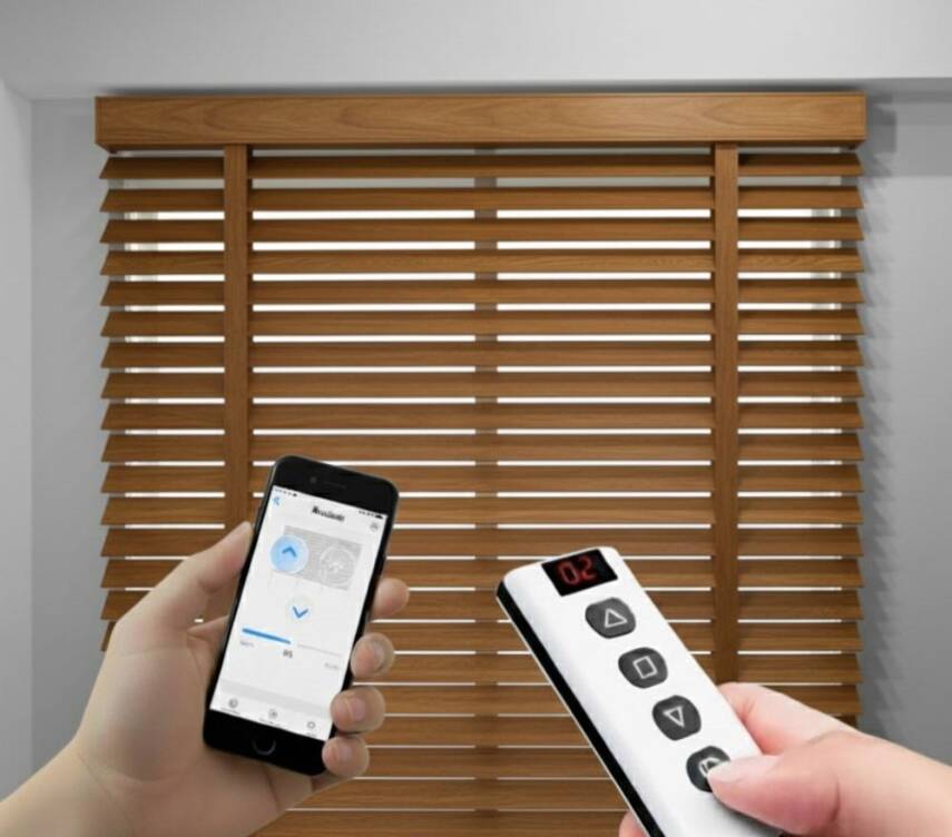 AKILLI MOTORLU AHŞAP JALUZİ, MEŞE RENK,  50mm,  % 100 orjinal ahşap jaluzi , Uzaktan kontrol, Zaman ayarlı - 1