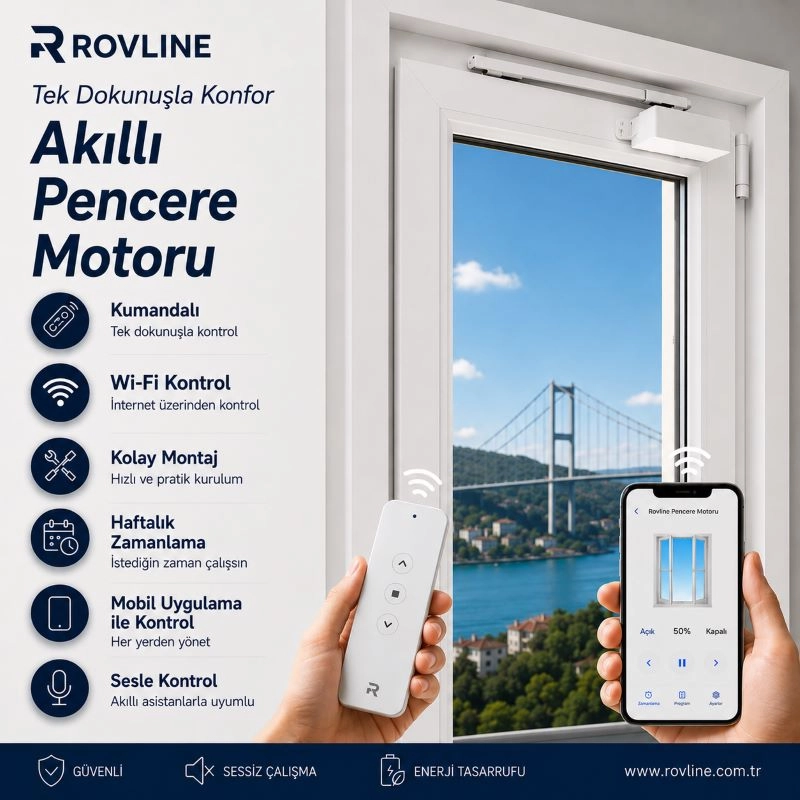  Akıllı Pencere Motoru, Kumanda, Telefon ve Sesle Kontrol, wi-fi+Rf, tuya uyumlu