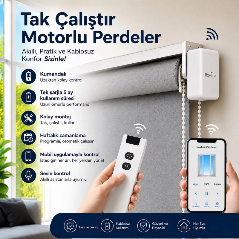 Şarjlı Motorlu Stor Perde Blackout(Karartma),  Kumanda, Telefon Ve Sesle Kontrol,  Wi-Fi+Rf, Siyah Renk,