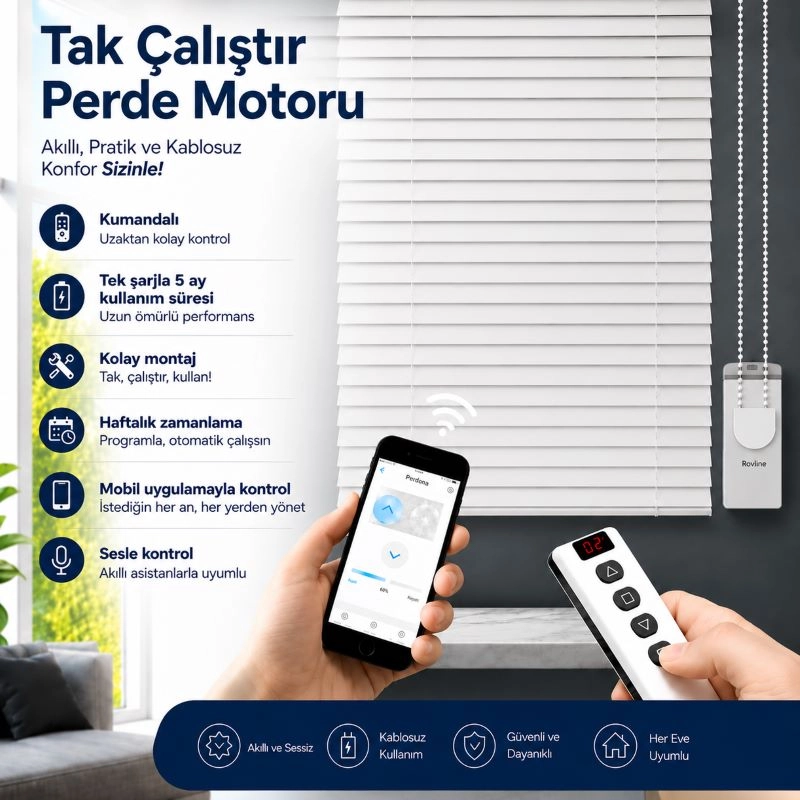 Şarjlı Akıllı Jaluzi Perde Motoru, Kumanda, Telefon ve Sesle Kontrol, tuya uyumlu