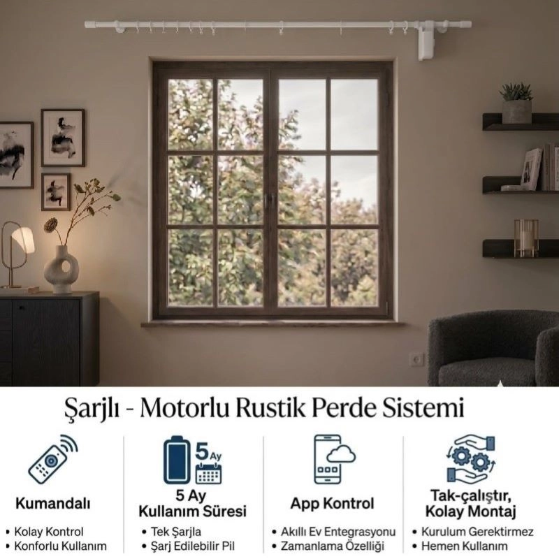 Şarjlı Motorlu Çiftli Rustik Perde Sistemi, Kumanda, Telefon ve Sesle Kontrol, Çift motorlu
