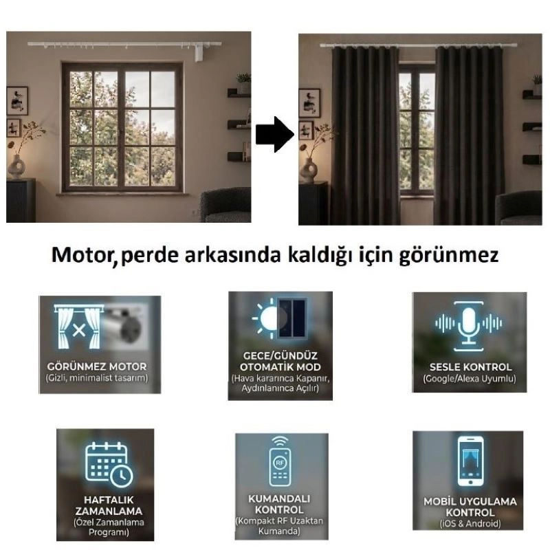 Şarjlı Motorlu Çiftli Rustik Perde Sistemi, Kumanda, Telefon ve Sesle Kontrol, Çift motorlu