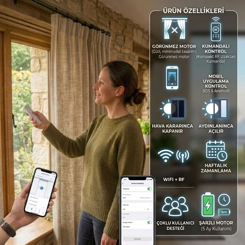 Motorlu Çiftli Rustik Perde Sistemi, Kumandalı, wi-fi+Rf, Çift Motorlu, tuya uyumlu