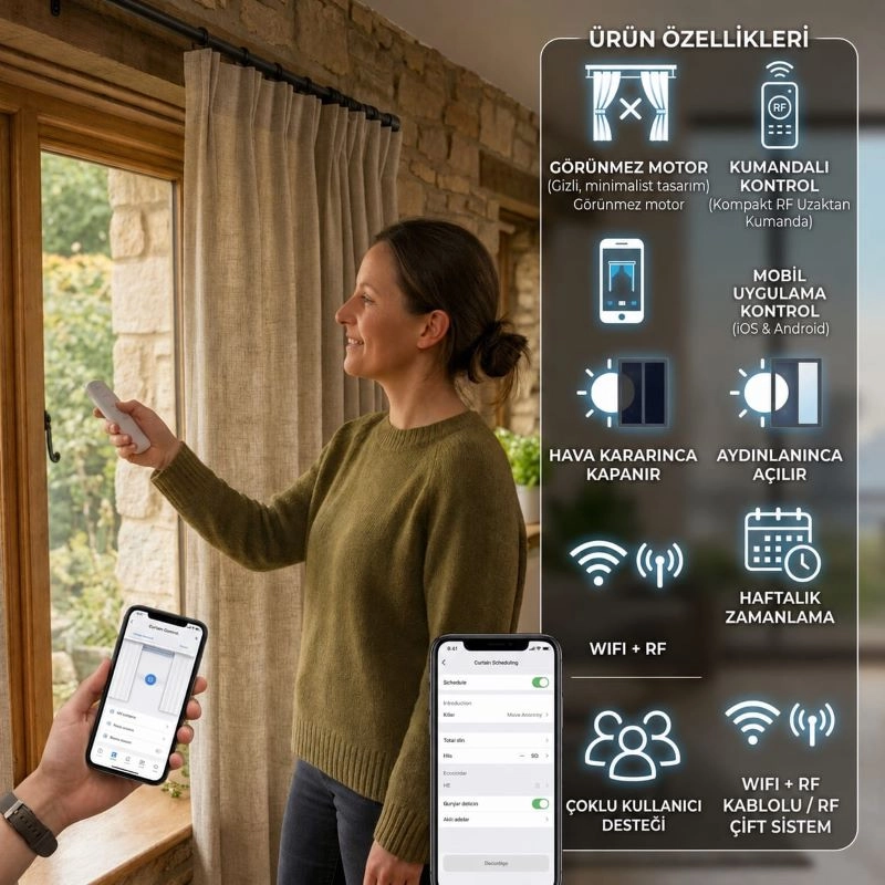 Motorlu Rustik Perde Sistemi, Kumandalı, wi-fi+Rf, tuya uyumlu