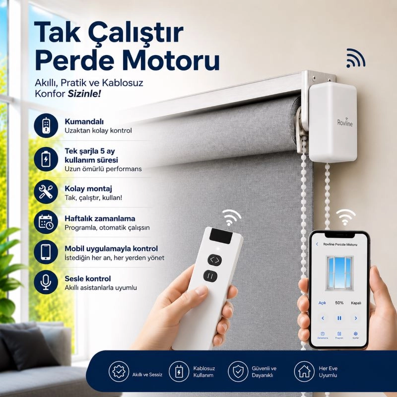 Şarjlı Akıllı Perde Motoru, Kumanda, Telefon ve Sesle Kontrol, tuya uyumlu
