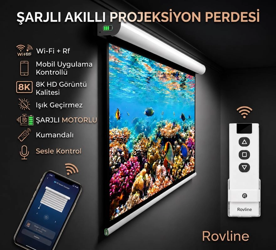 Şarjlı Akıllı Projeksiyon Perdesi, 200x170, Kumandalı, tuya uyumlu