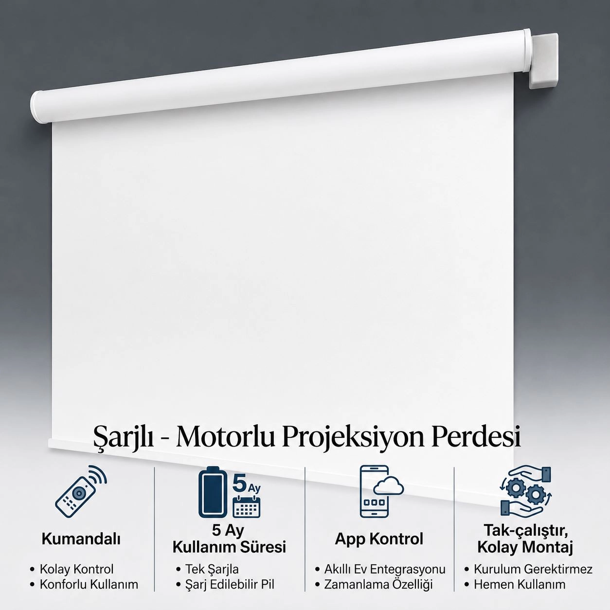Şarjlı Akıllı Projeksiyon Perdesi, 180x170, Kumandalı, tuya uyumlu