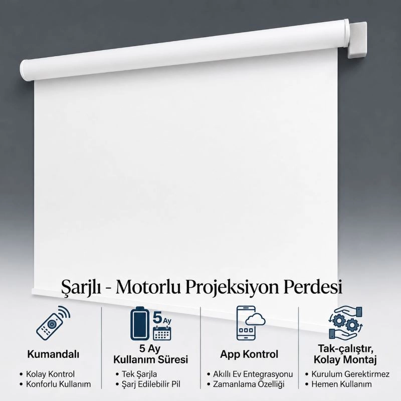 Şarjlı Akıllı Projeksiyon Perdesi, 200x170, Kumandalı, tuya uyumlu