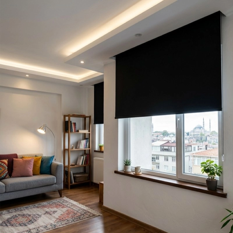 Şarjlı Motorlu Stor Perde,  Kumanda, Telefon Ve Sesle Kontrol,  Wi-Fi+Rf, Siyah Renk,