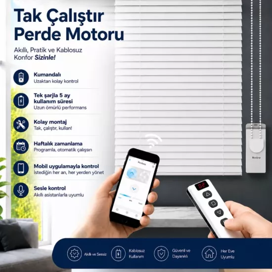 Şarjlı Akıllı Jaluzi Perde Motoru, Kumanda, Telefon ve Sesle Kontrol, tuya uyumlu