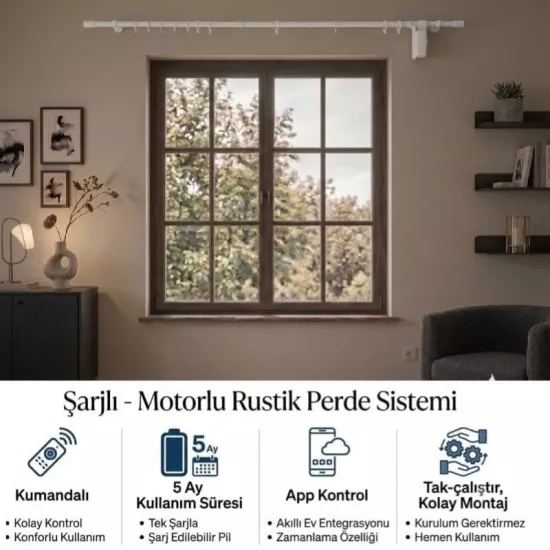 Şarjlı Motorlu Çiftli Rustik Perde Sistemi, Kumanda, Telefon ve Sesle Kontrol, Çift motorlu