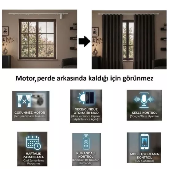 Şarjlı Motorlu Rustik Perde Sistemi, Kumanda, Telefon ve Sesle Kontrol