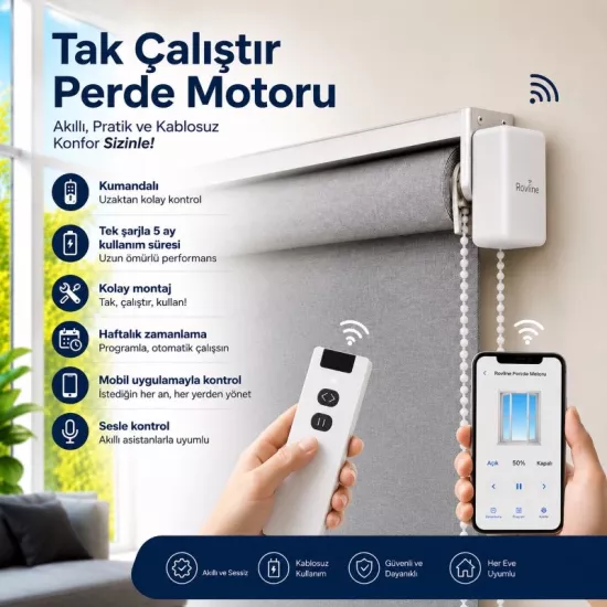 Şarjlı Akıllı Perde Motoru, Kumanda, Telefon ve Sesle Kontrol, tuya uyumlu