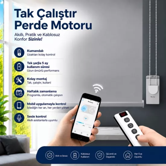 Şarjlı Akıllı Perde Motoru, Kumanda, Telefon ve Sesle Kontrol, tuya uyumlu