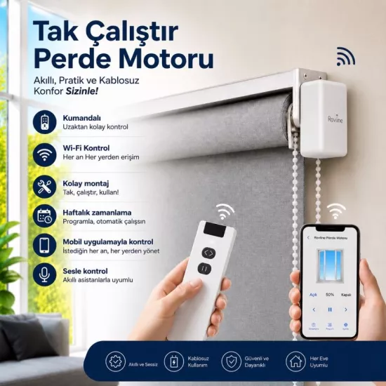 Akıllı Perde Motoru, Kumandalı, wi-fi+Rf, tuya uyumlu