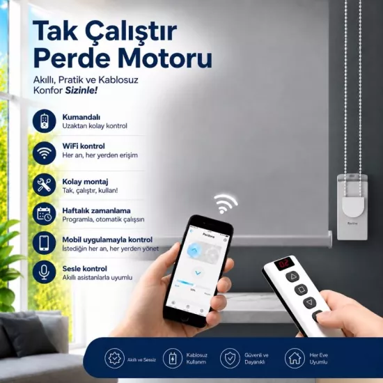 Akıllı Perde Motoru, Kumandalı, wi-fi, tuya uyumlu