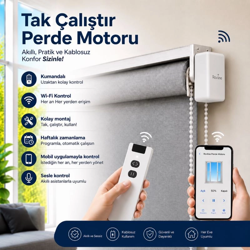 Akıllı Perde Motoru, Kumandalı, wi-fi+Rf, tuya uyumlu