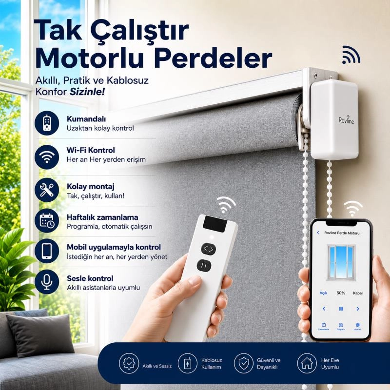 Motorlu Stor Perde,  Kumanda, Telefon Ve Sesle Kontrol,  Wi-Fi+Rf, Beyaz Renk,